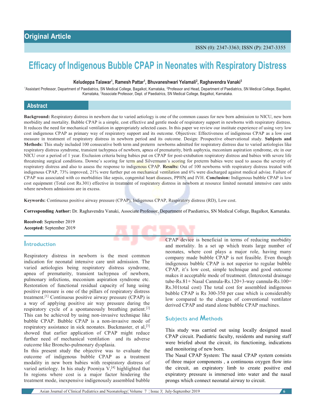 Efficacy of Indigenous Bubble CPAP in Neonates with Respiratory Distress