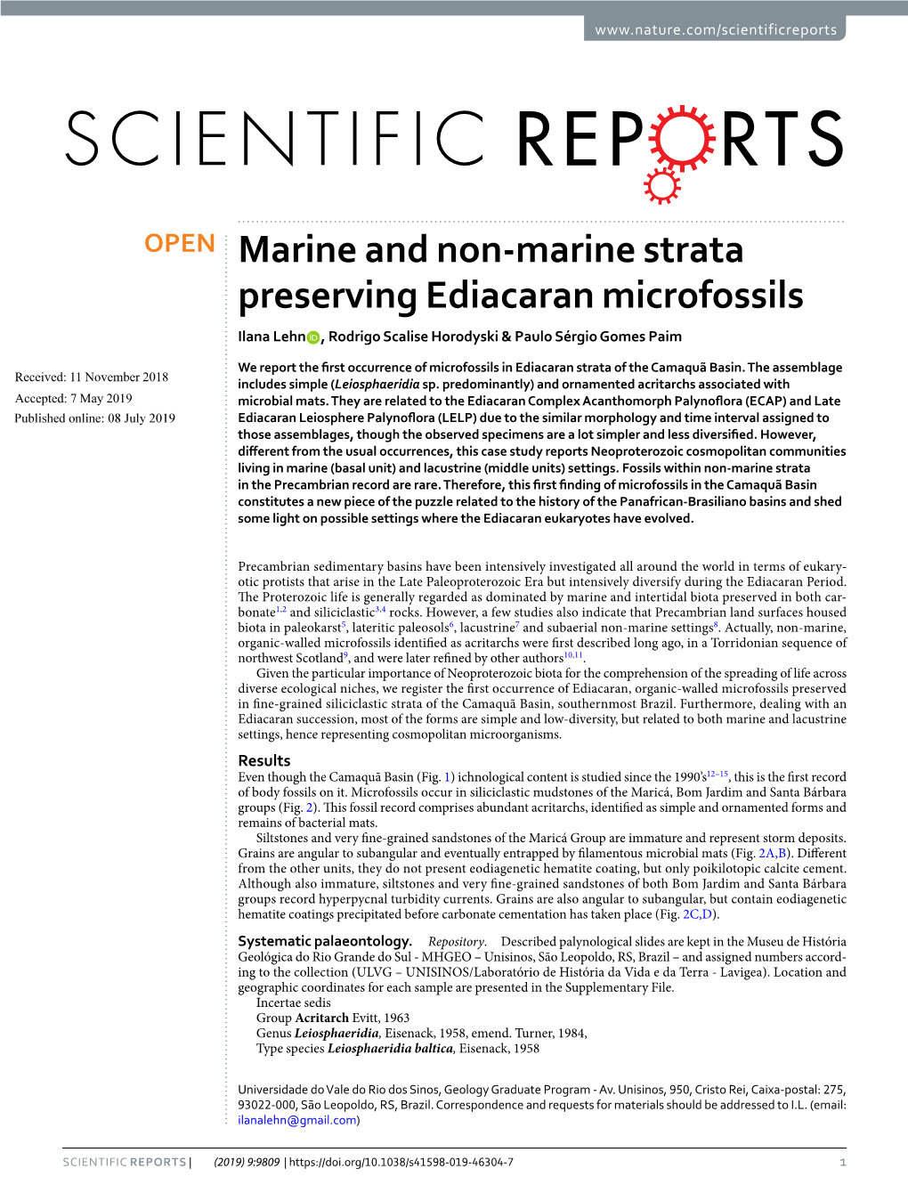 Marine and Non-Marine Strata Preserving Ediacaran Microfossils Ilana Lehn , Rodrigo Scalise Horodyski & Paulo Sérgio Gomes Paim