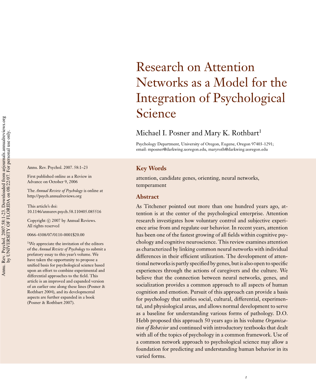 Research on Attention Networks As a Model for the Integration of Psychological Science