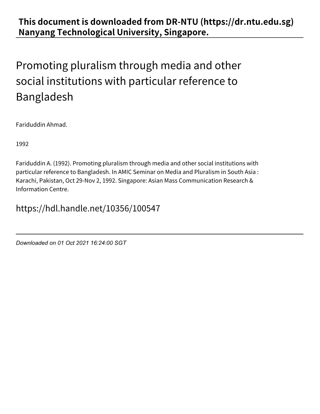 Promoting Pluralism Through Media and Other Social Institutions with Particular Reference to Bangladesh