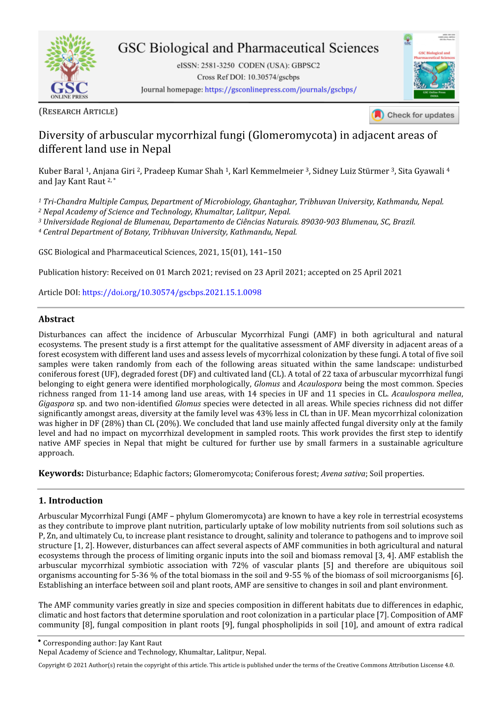 Diversity of Arbuscular Mycorrhizal Fungi (Glomeromycota) in Adjacent Areas of Different Land Use in Nepal