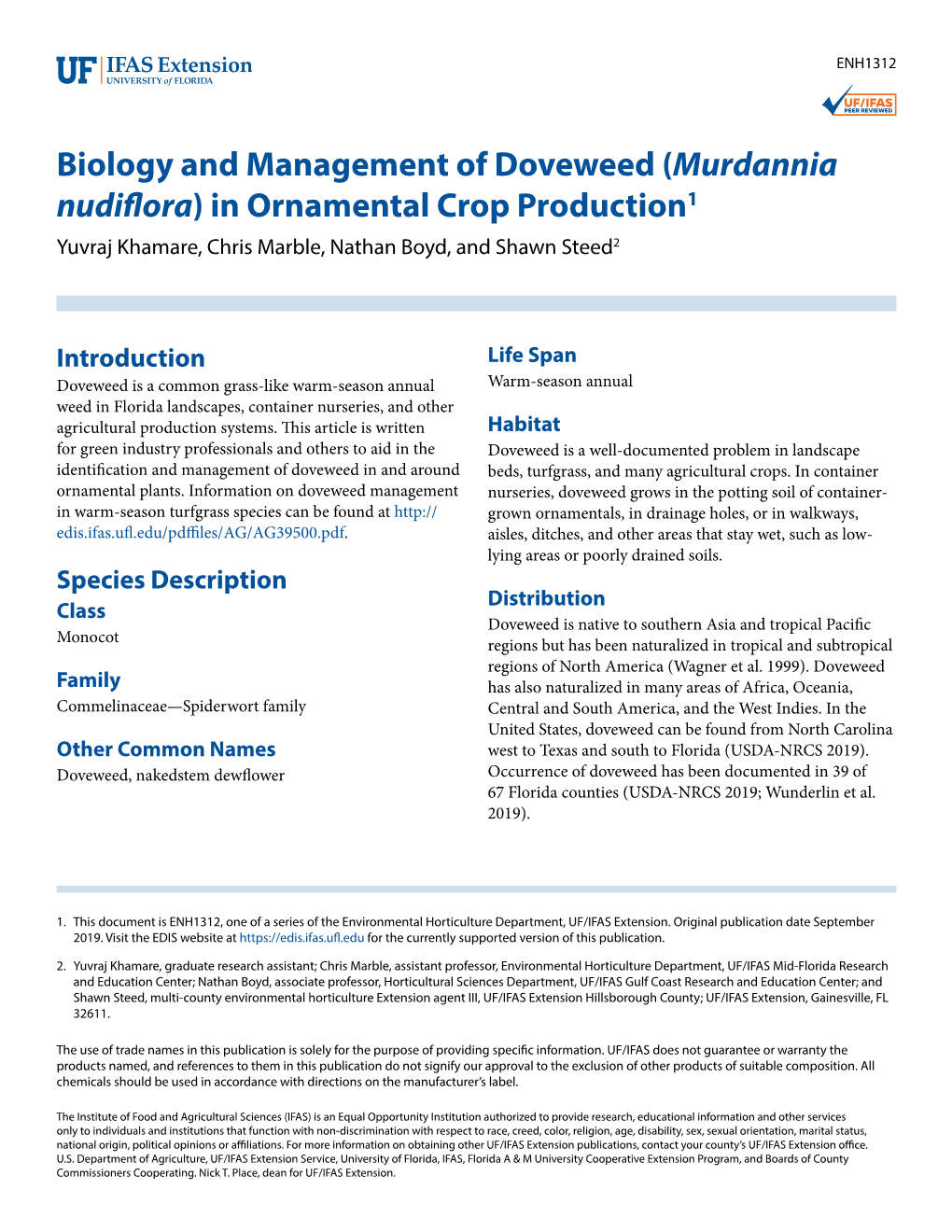 Murdannia Nudiflora) in Ornamental Crop Production1 Yuvraj Khamare, Chris Marble, Nathan Boyd, and Shawn Steed2