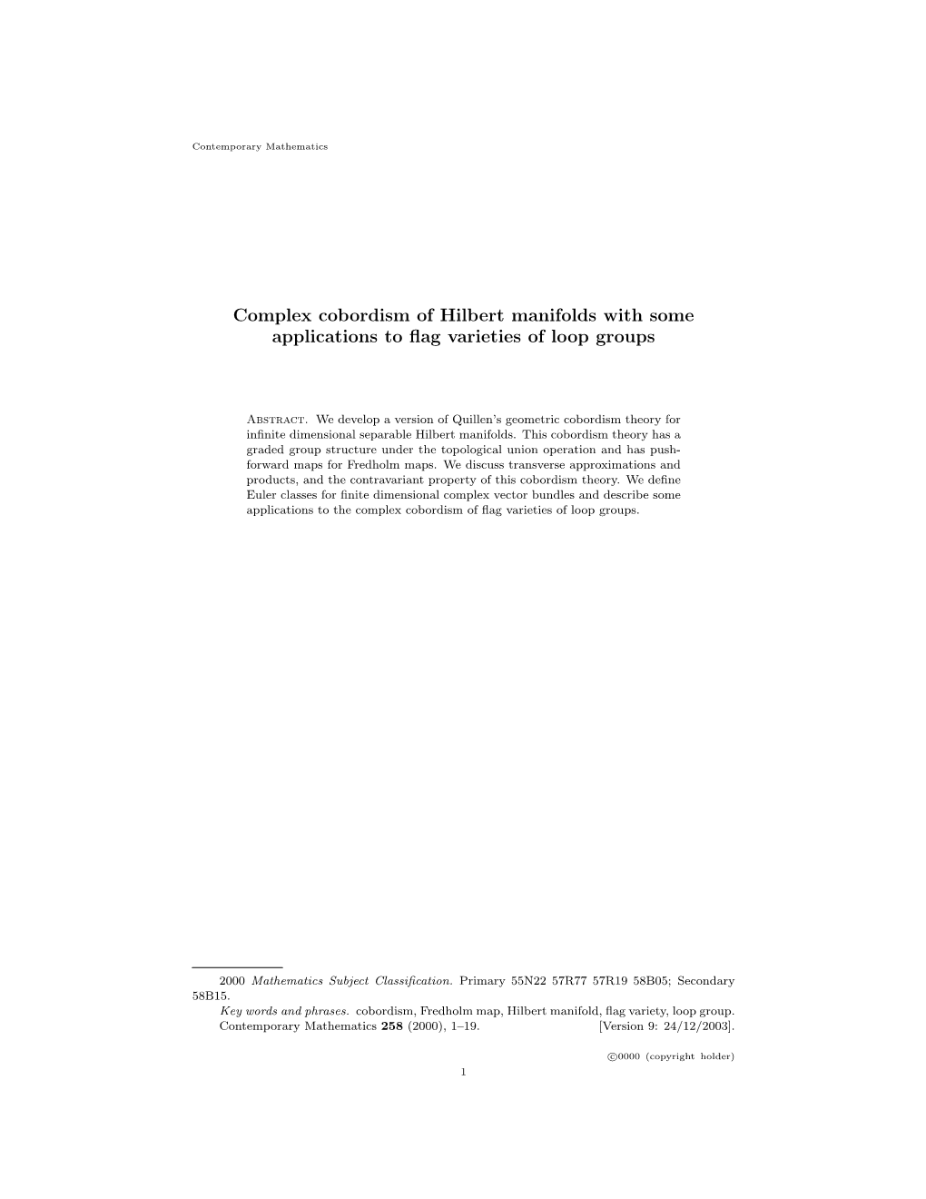 Complex Cobordism of Hilbert Manifolds with Some Applications to ﬂag Varieties of Loop Groups