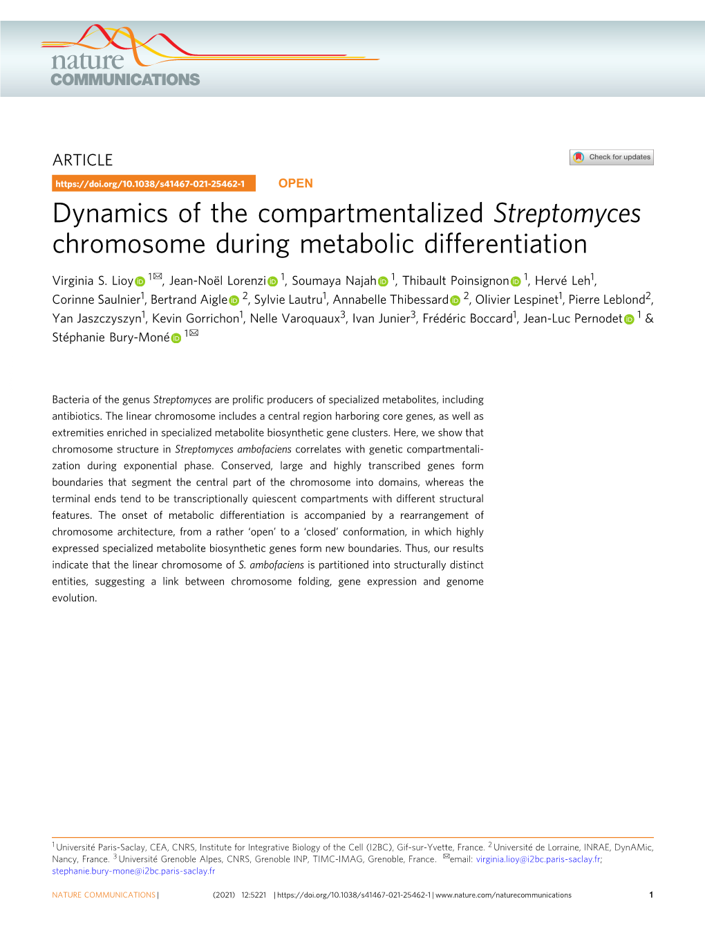 Dynamics of the Compartmentalized Streptomyces Chromosome During Metabolic Differentiation ✉ Virginia S