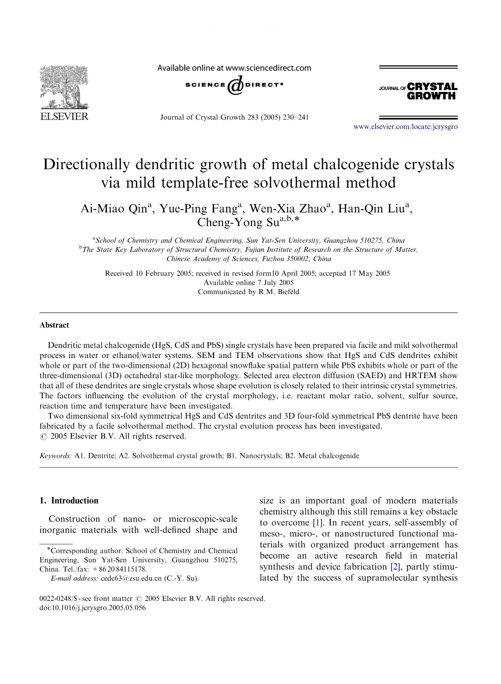 Directionally Dendritic Growth of Metal Chalcogenide Crystals Via Mild Template-Free Solvothermal Method