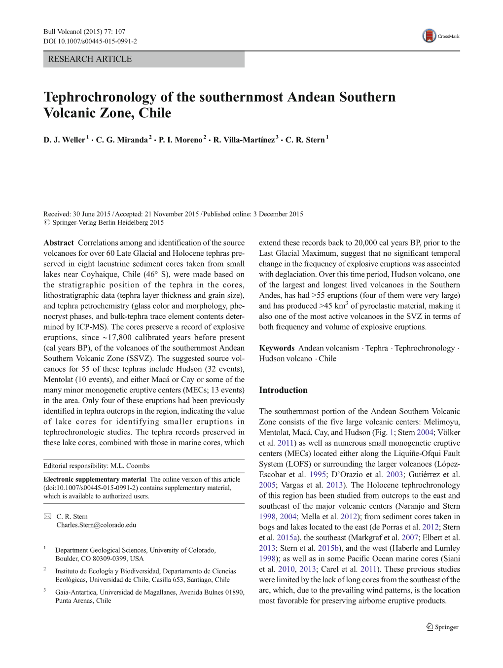 Tephrochronology of the Southernmost Andean Southern Volcanic Zone, Chile