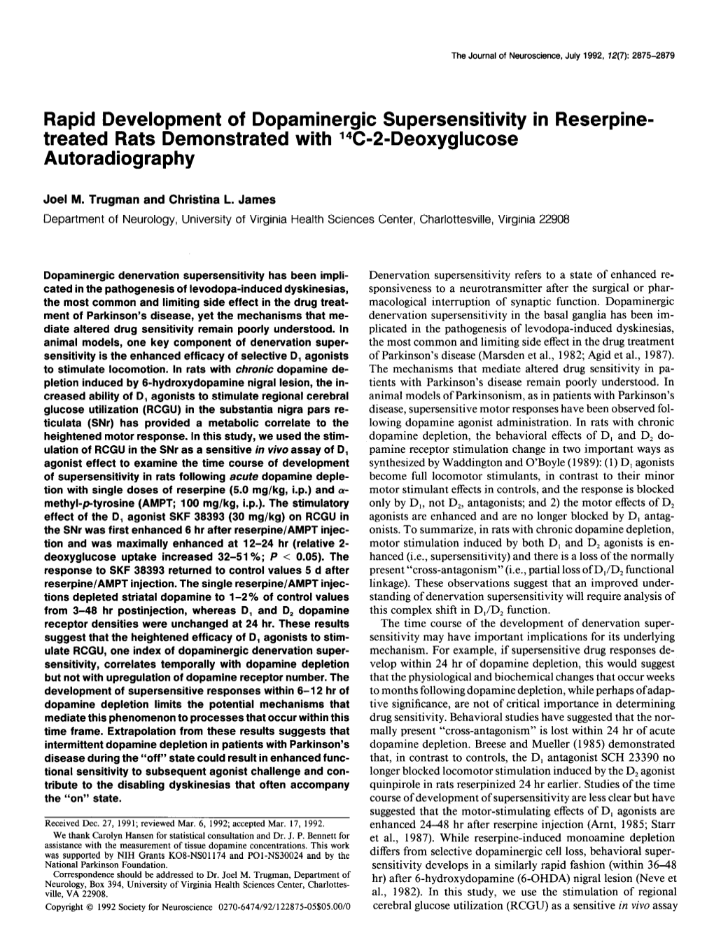 Rapid Development of Dopaminergic Supersensitivity in Reserpine- Treated Rats Demonstrated with 14C-2-Deoxyglucose Autoradiography