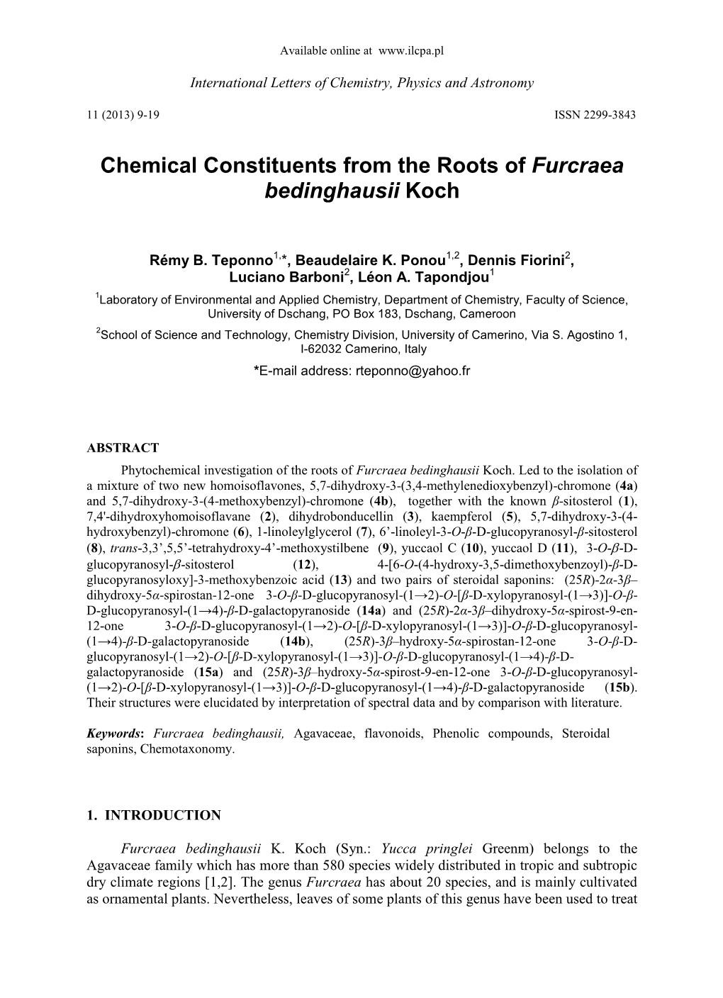 Chemical Constituents from the Roots of Furcraea Bedinghausii Koch