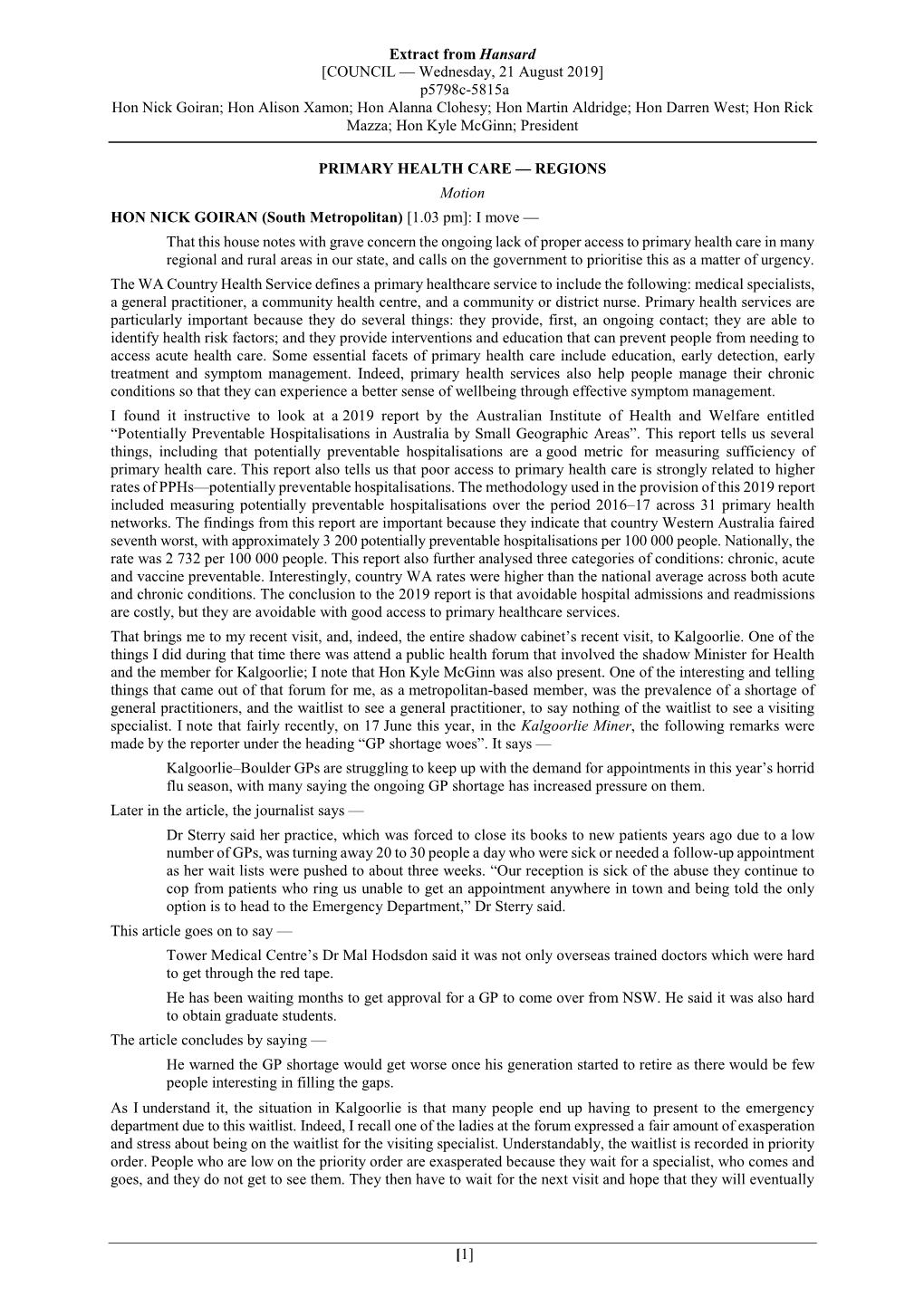 P5798c-5815A Hon Nick Goiran; Hon Alison Xamon; Hon Alanna Clohesy; Hon Martin Aldridge; Hon Darren West; Hon Rick Mazza; Hon Kyle Mcginn; President