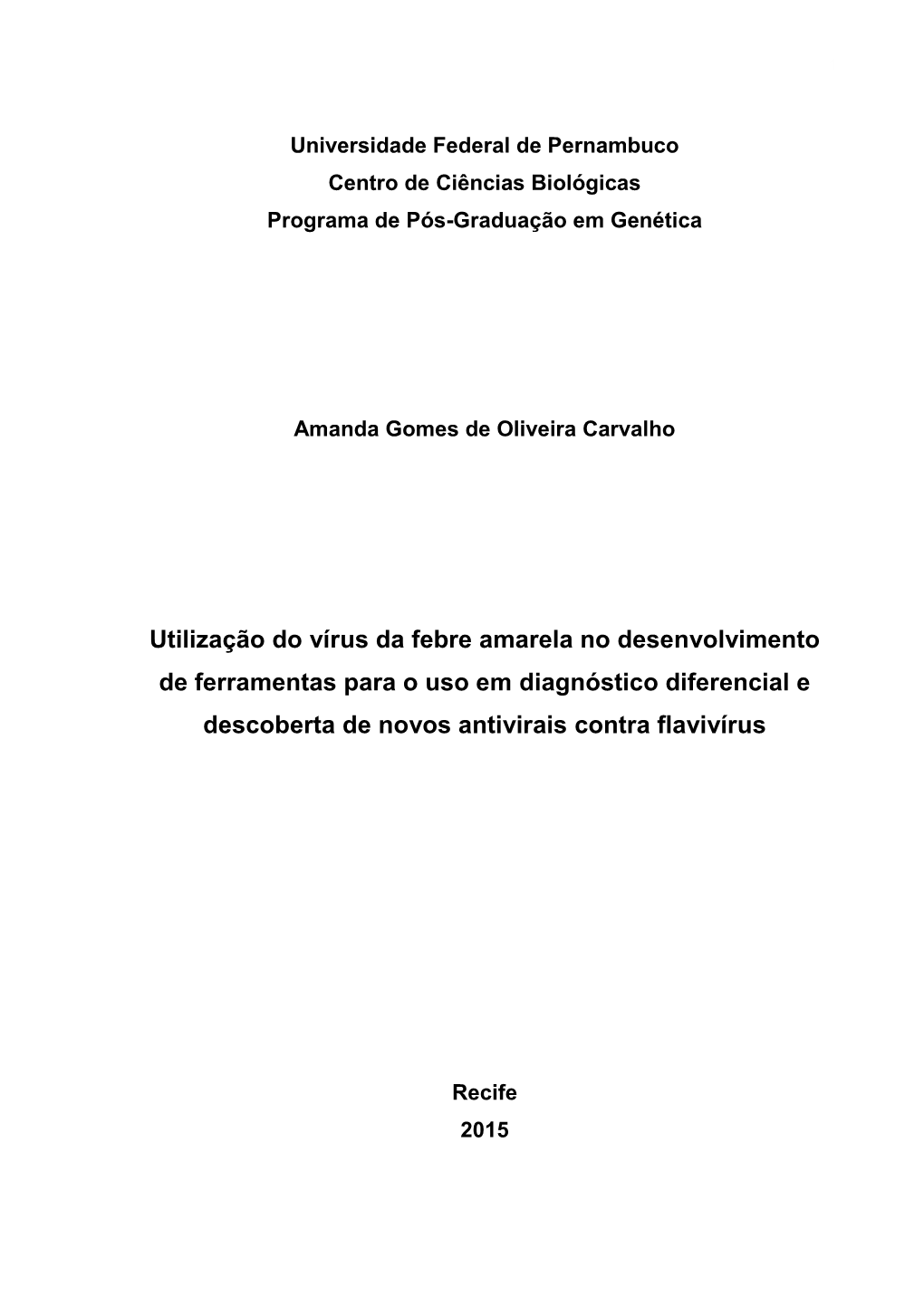 Utilização Do Vírus Da Febre Amarela No Desenvolvimento De Ferramentas Para O Uso Em Diagnóstico Diferencial E Descoberta De Novos Antivirais Contra Flavivírus