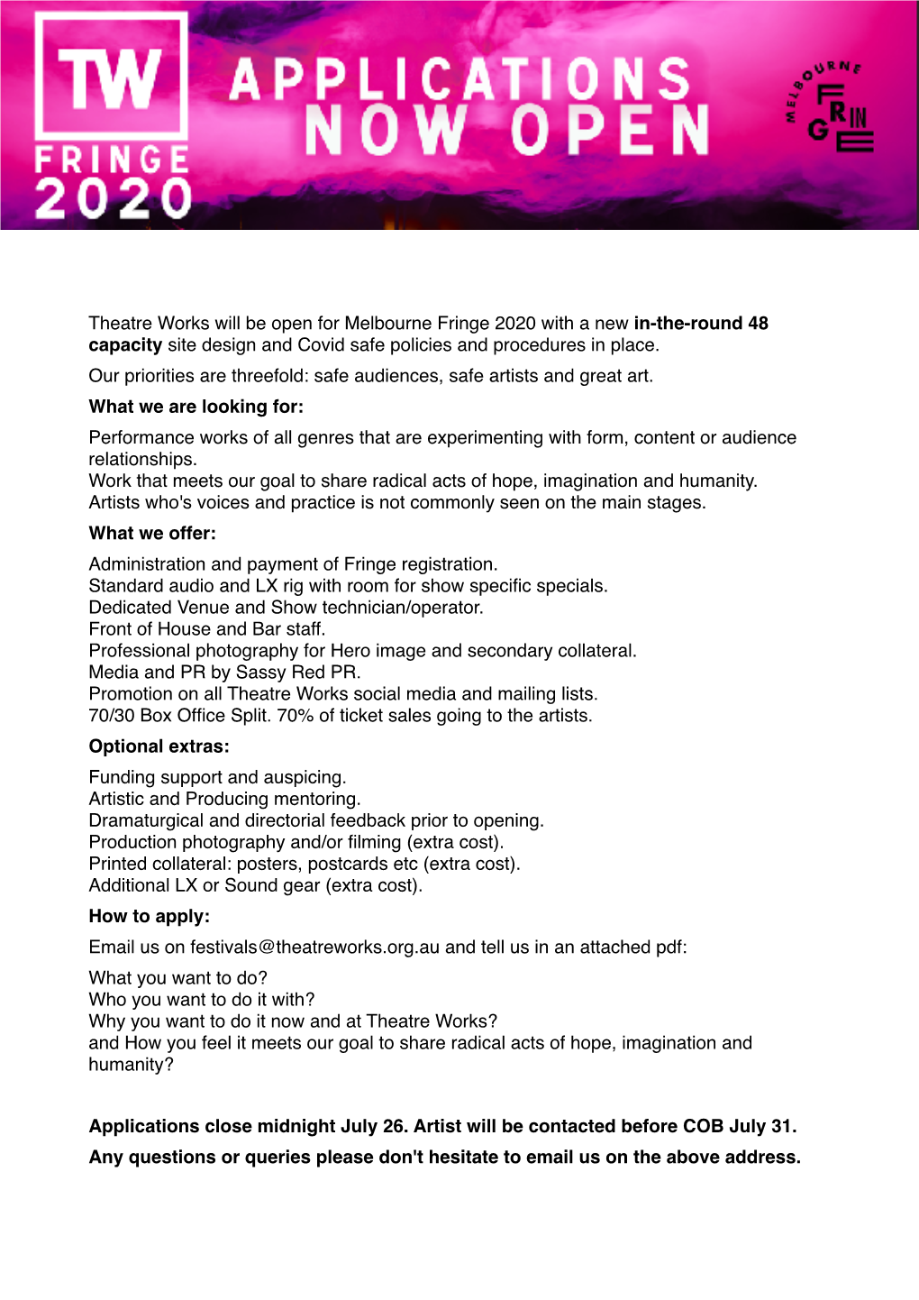 Theatre Works Will Be Open for Melbourne Fringe 2020 with a New In-The-Round 48 Capacity Site Design and Covid Safe Policies and Procedures in Place