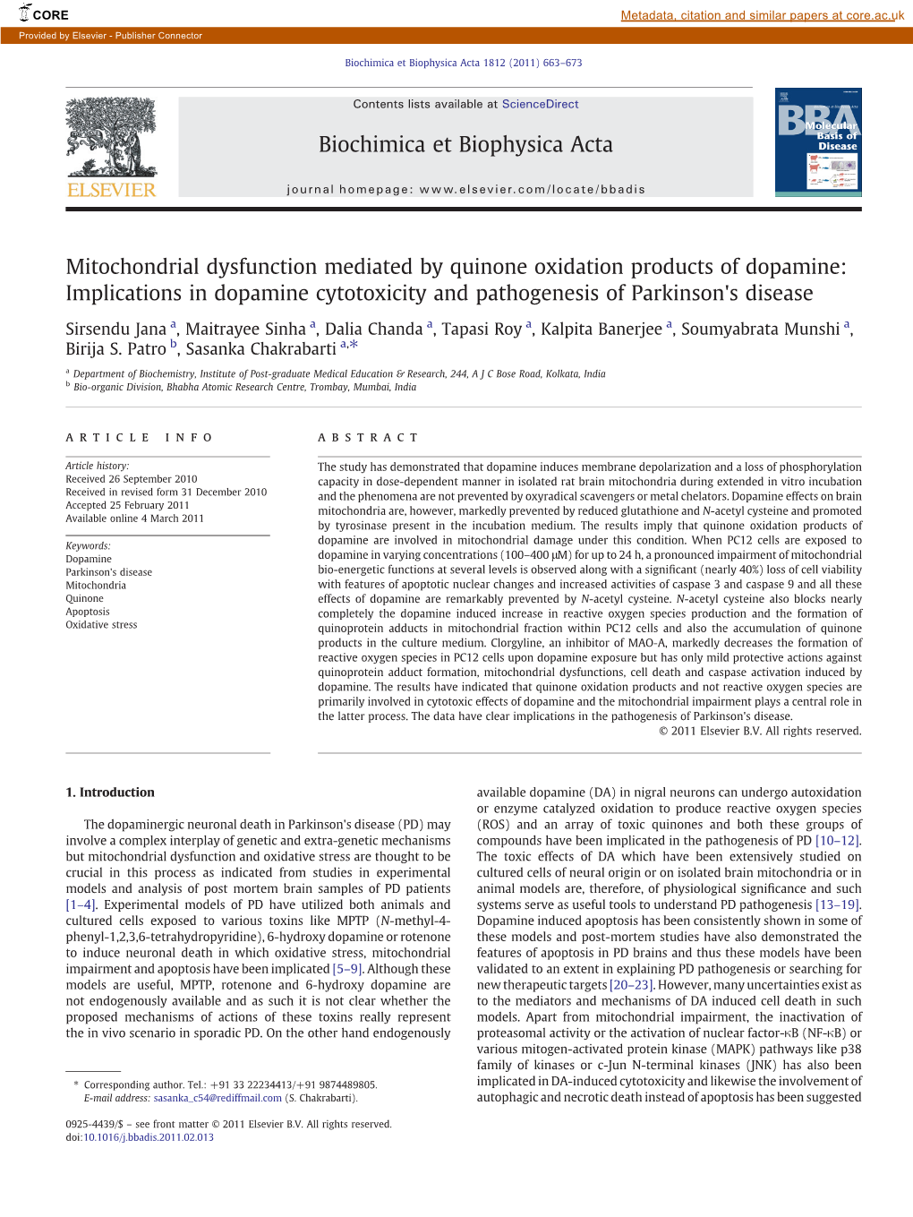 Mitochondrial Dysfunction Mediated by Quinone Oxidation Products of Dopamine: Implications in Dopamine Cytotoxicity and Pathogenesis of Parkinson's Disease