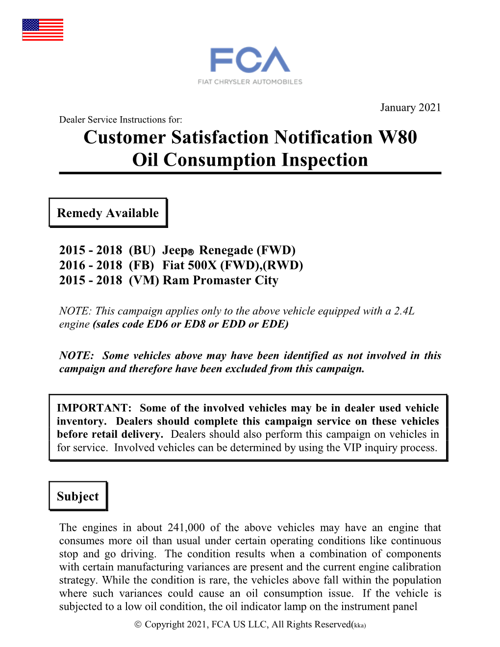 Customer Satisfaction Notification W80 Oil Consumption Inspection