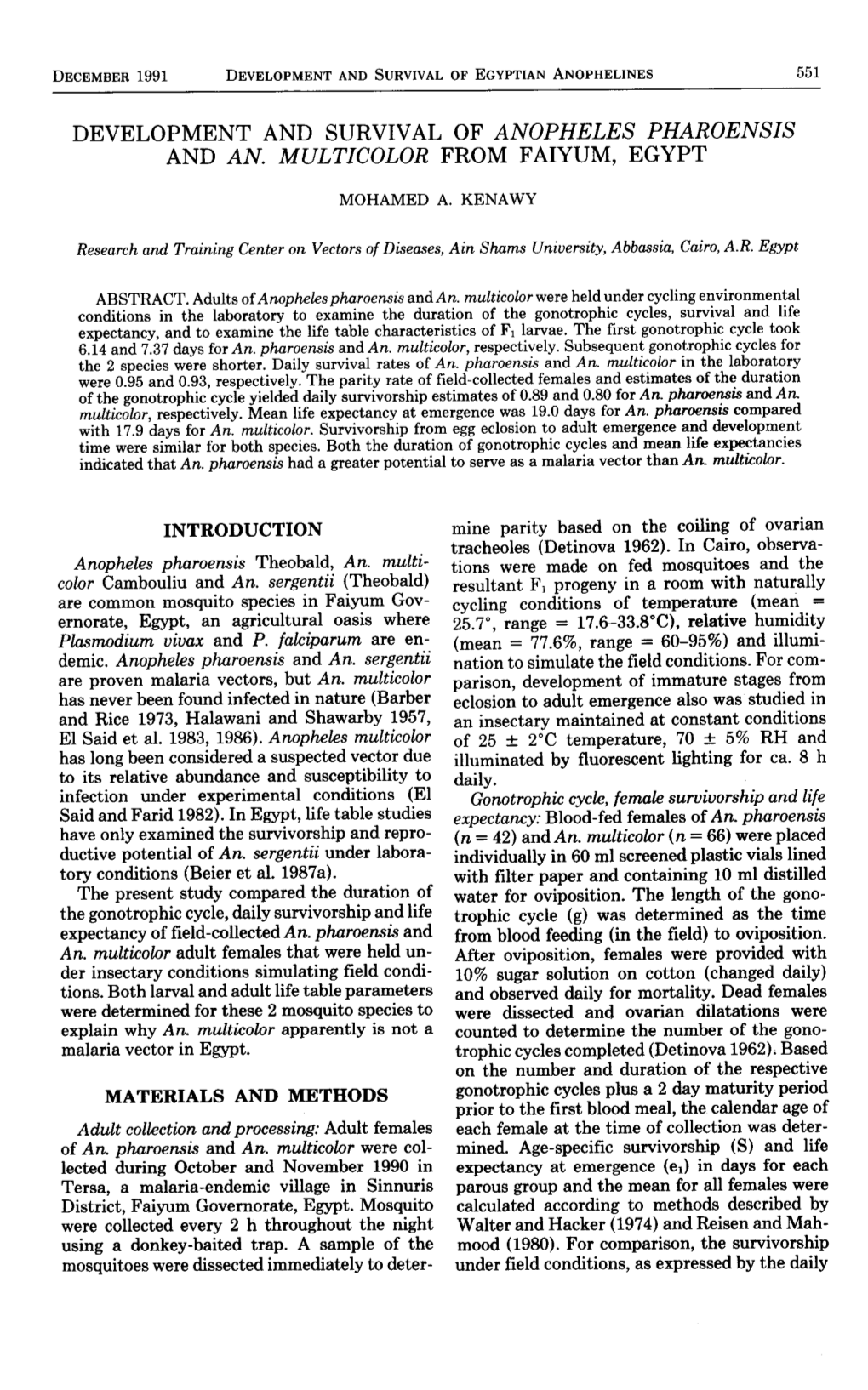 Development and Survival of Anopheles Pharoensis and An