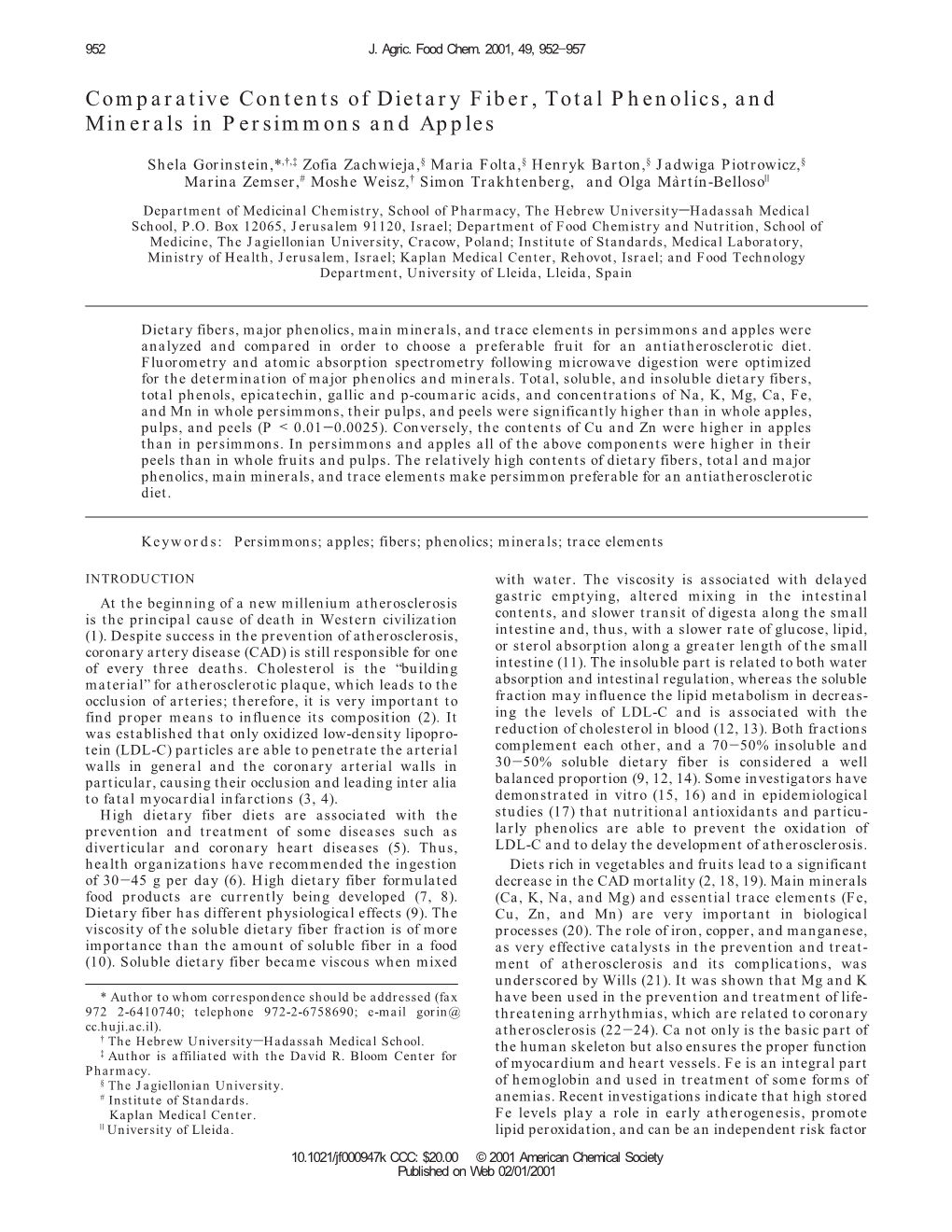 Comparative Contents of Dietary Fiber, Total Phenolics, and Minerals in Persimmons and Apples