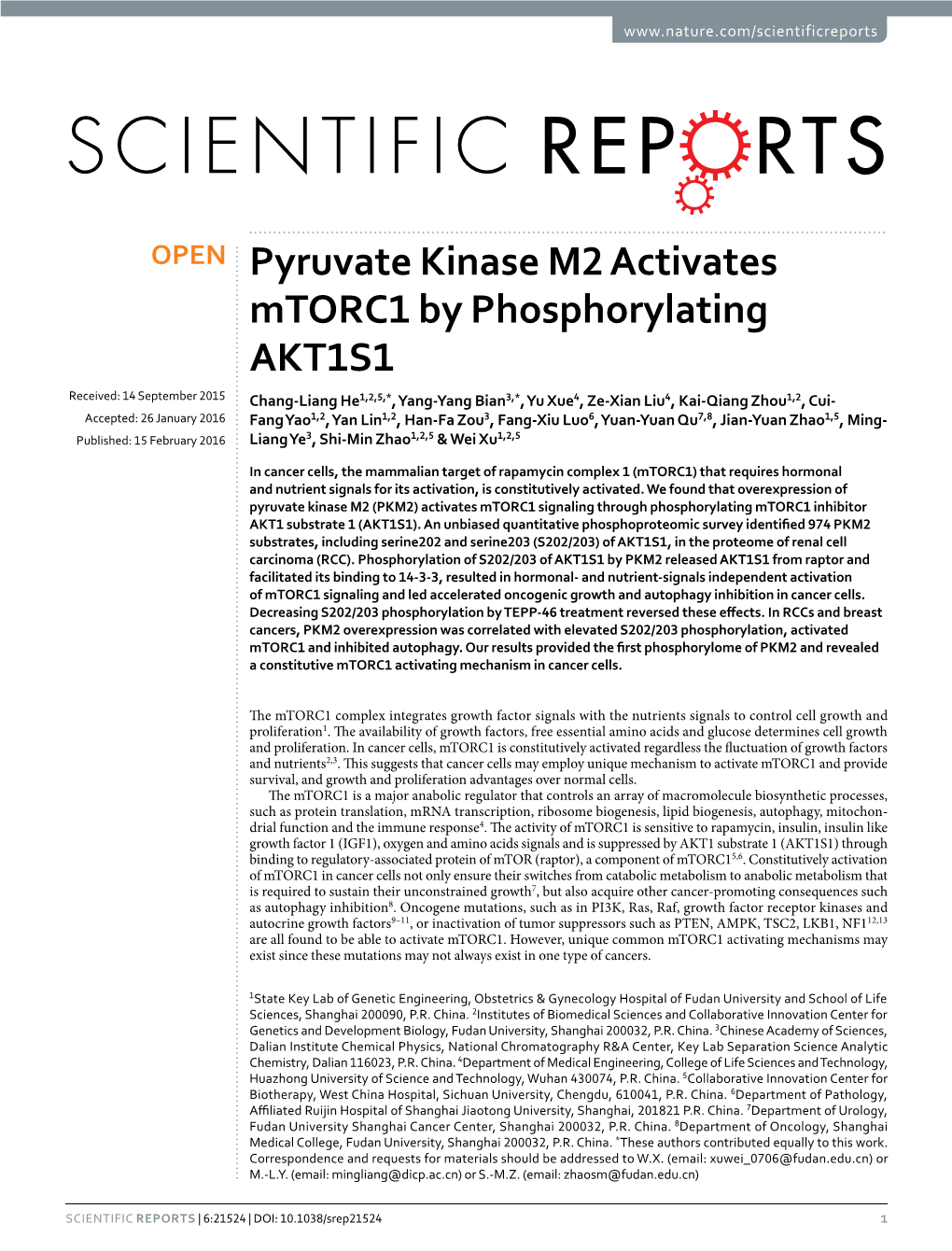 Pyruvate Kinase M2 Activates Mtorc1 by Phosphorylating AKT1S1