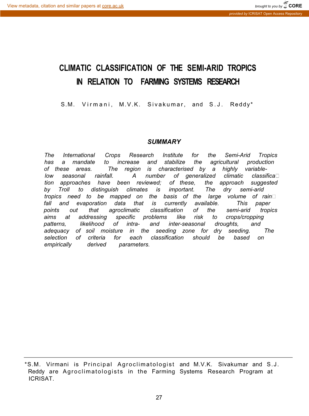 Climatic Classification of the Semi-Arid Tropics in Relation to Farming Systems Research