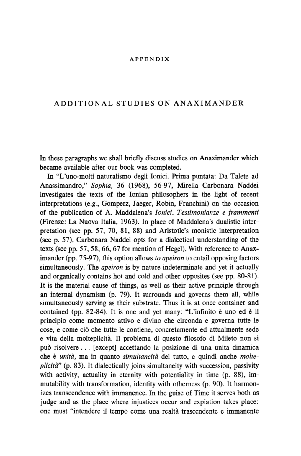 ADDITIONAL STUDIES on ANAXIMANDER in These