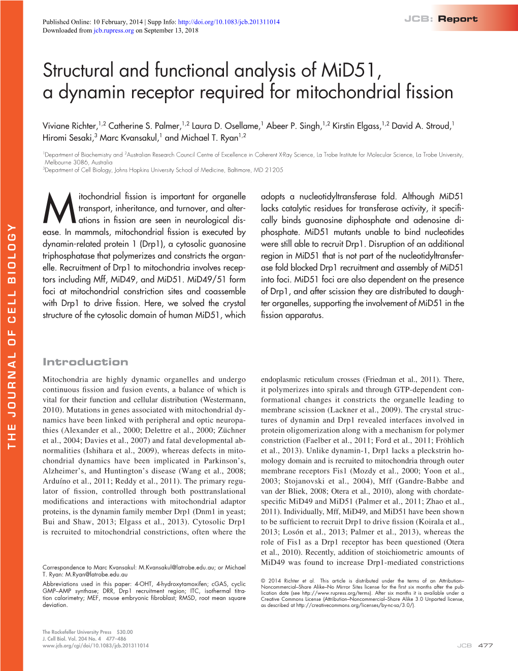 Structural and Functional Analysis of Mid51, a Dynamin Receptor Required for Mitochondrial Fission