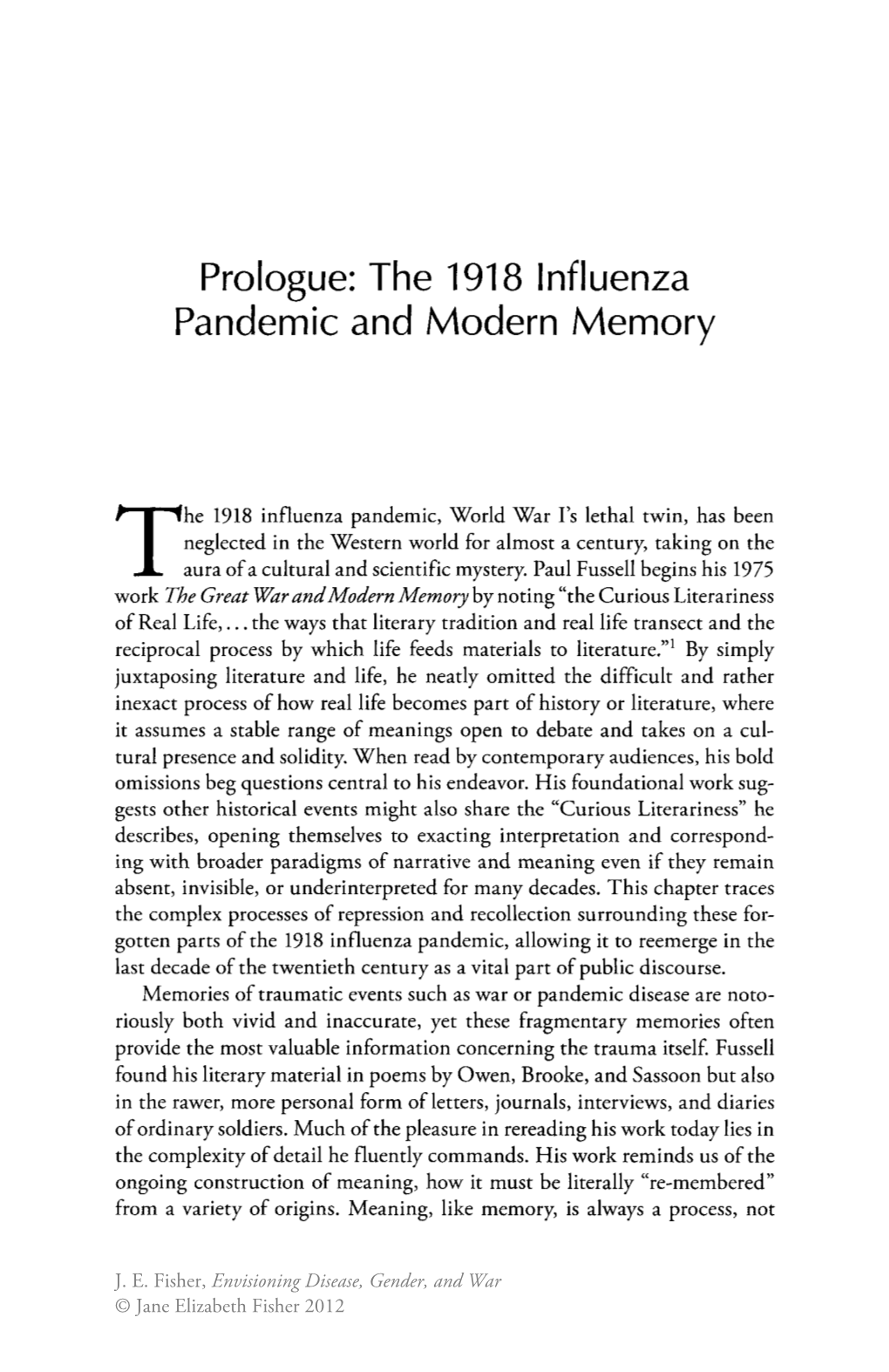 Prologue: the 1918 Influenza Pandemic and Modern Memory