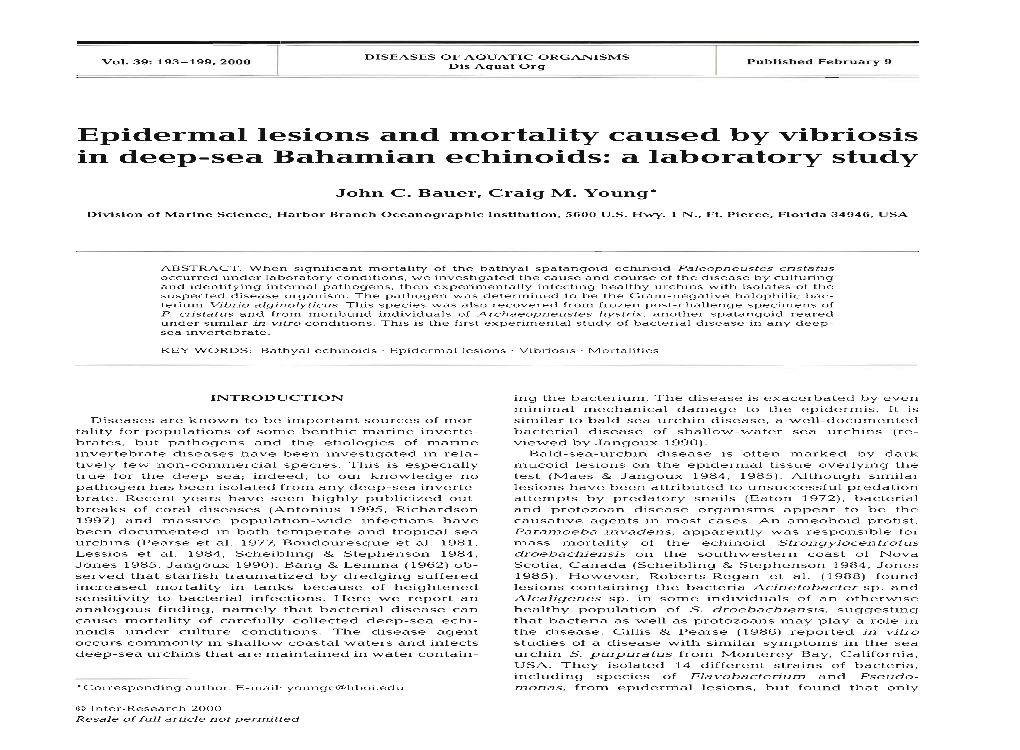 Epidermal Lesions and Mortality Caused by Vibriosis in Deep-Sea Bahamian Echinoids: a Laboratory Study