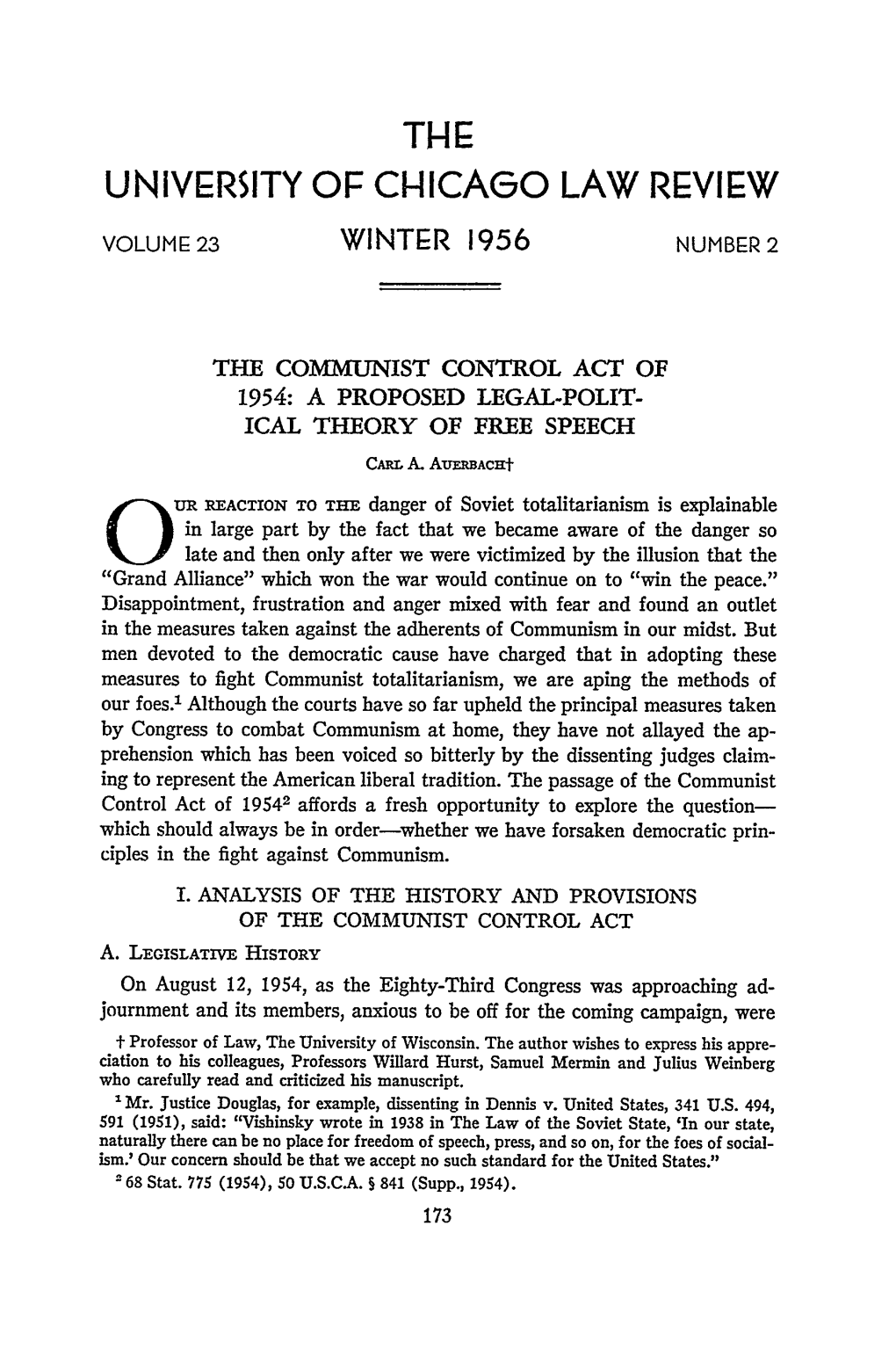 The Communist Control Act of 1954: a Proposed Legal-Polit- Ical Theory of Free Speech