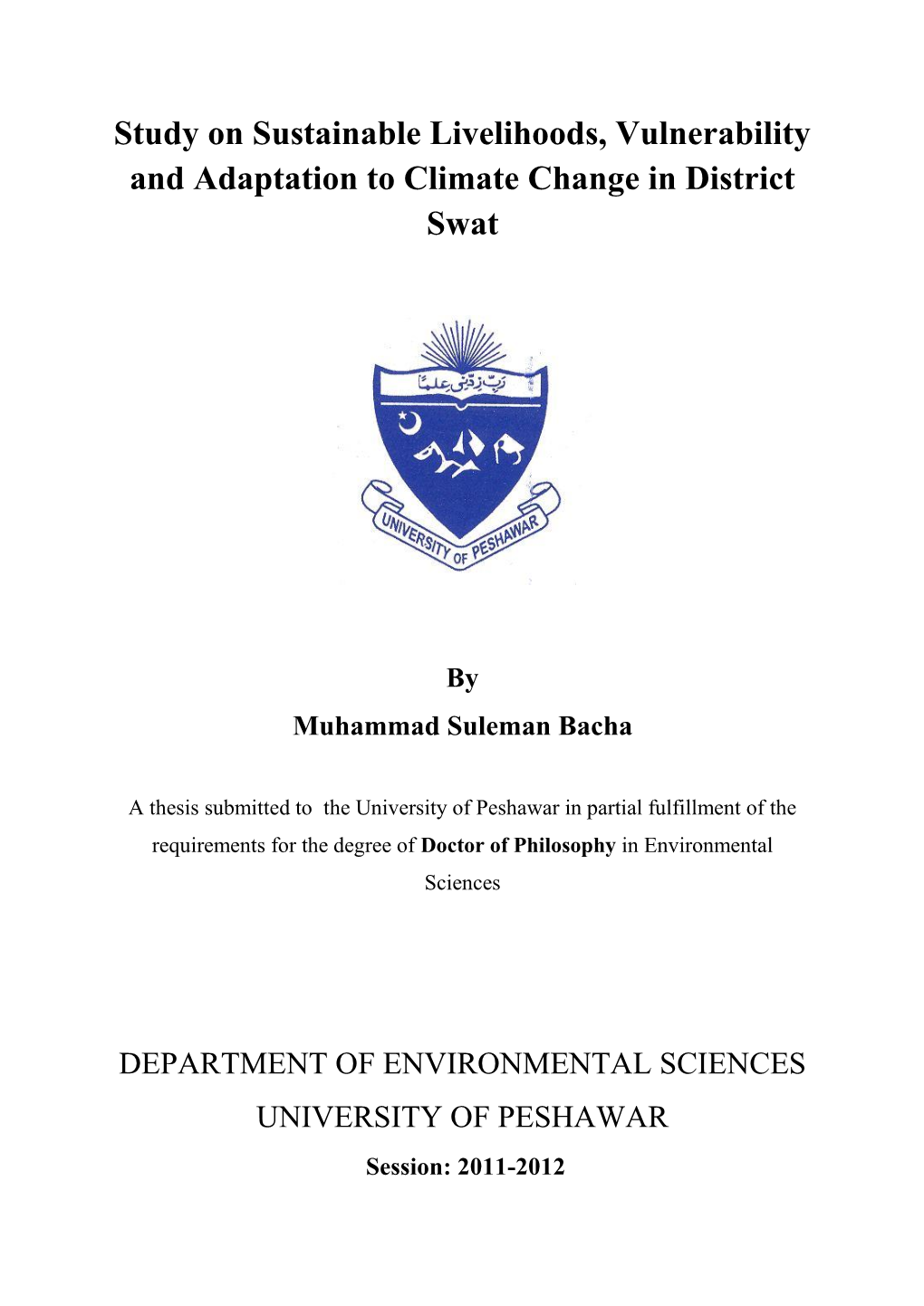 Study on Sustainable Livelihoods, Vulnerability and Adaptation to Climate Change in District Swat