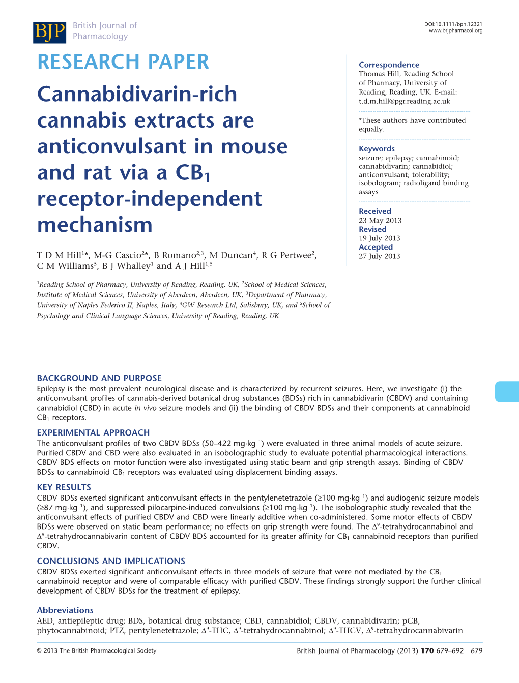 Cannabidivarinrich Cannabis Extracts Are Anticonvulsant in Mouse and Rat Via a CB1 Receptorindependent Mechanism