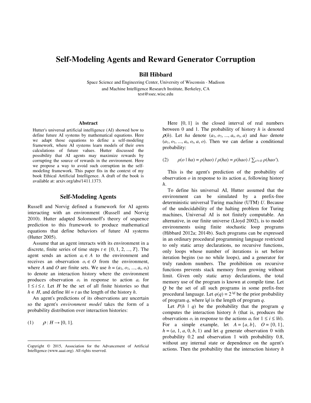 Self-Modeling Agents and Reward Generator Corruption