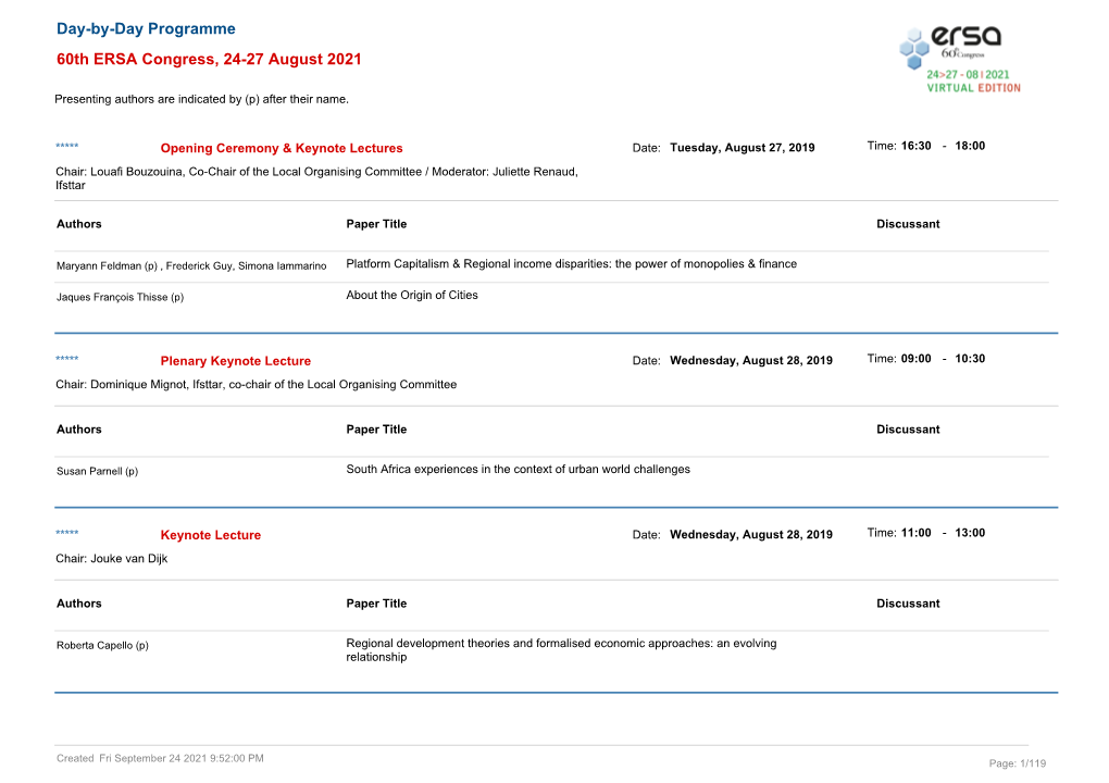 60Th ERSA Congress, 24-27 August 2021 Day-By-Day Programme