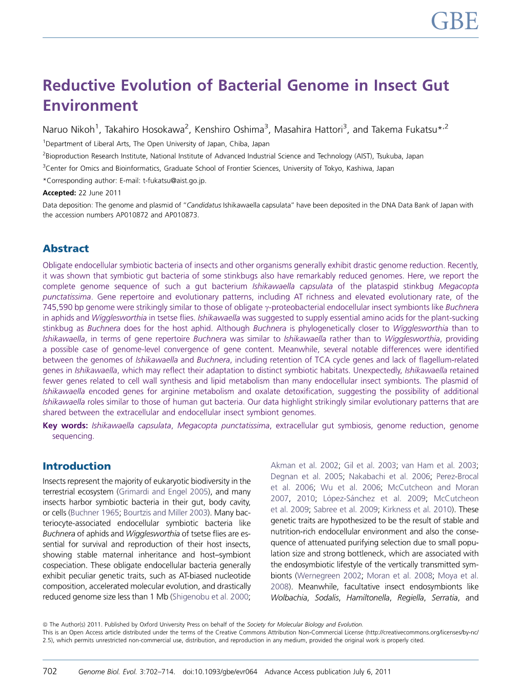 Reductive Evolution of Bacterial Genome in Insect Gut Environment