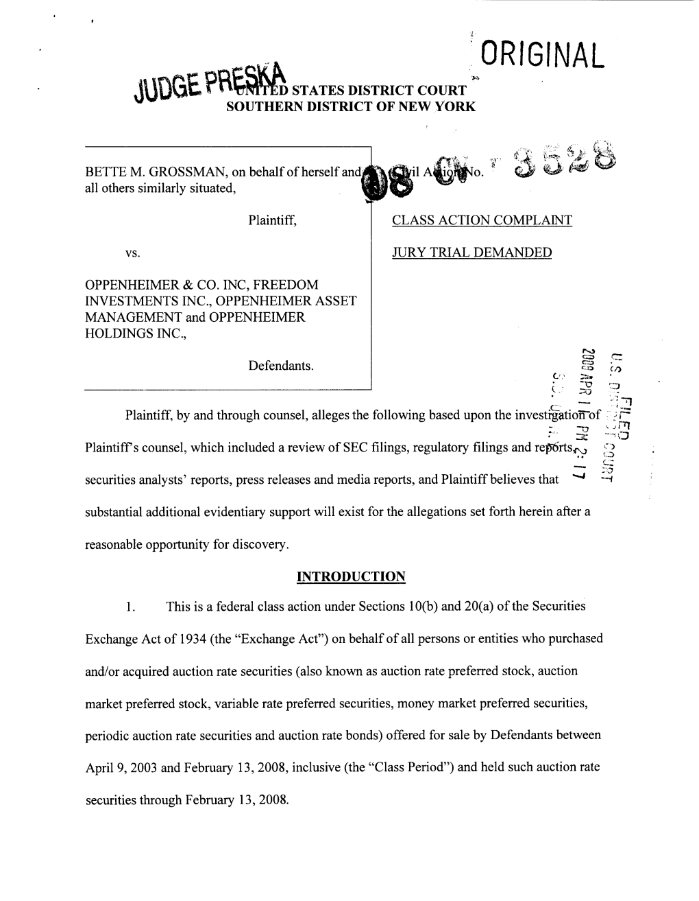 Bette M. Grossman, Et Al. V. Oppenheimer & Co., Inc., Et Al. 08