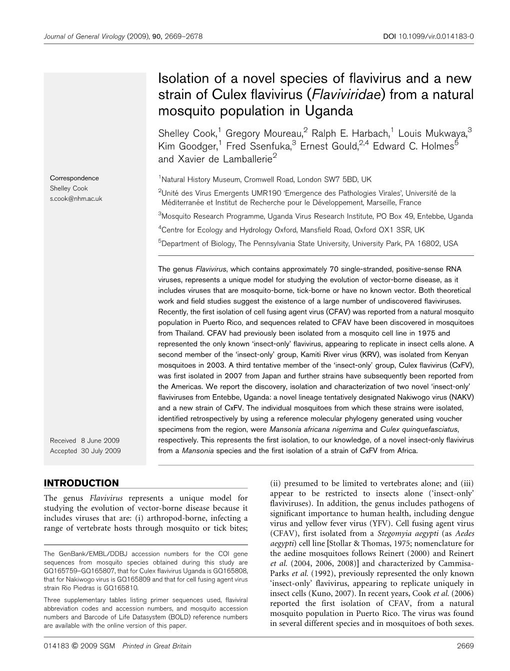 Isolation of a Novel Species of Flavivirus and a New Strain of Culex Flavivirus (Flaviviridae) from a Natural Mosquito Population in Uganda