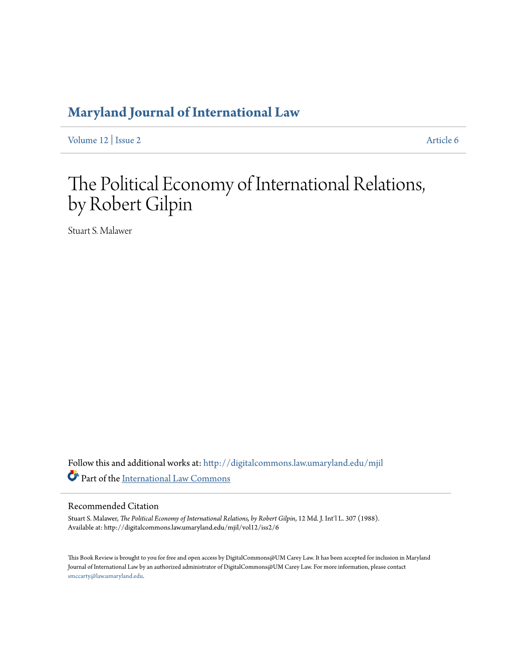 The Political Economy of International Relations, by Robert Gilpin, 12 Md