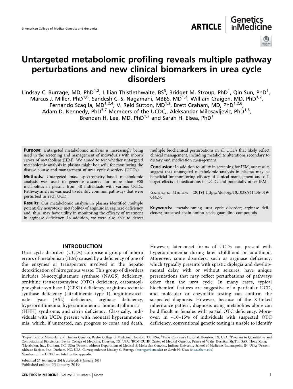 Untargeted Metabolomic Profiling Reveals Multiple Pathway Perturbations and New Clinical Biomarkers in Urea Cycle Disorders