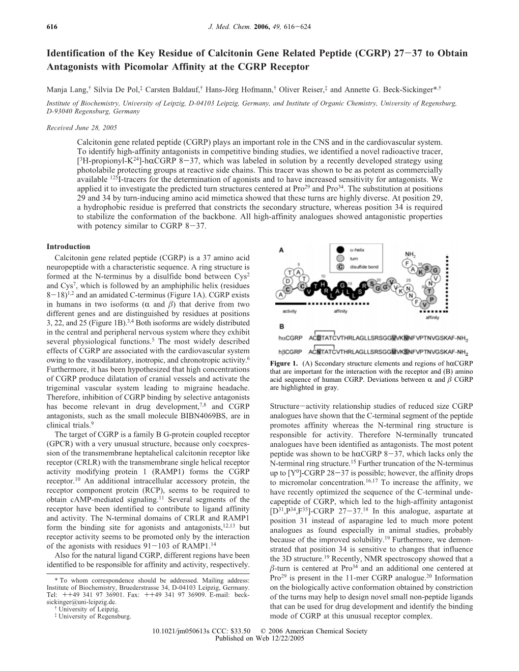 (CGRP) 27-37 to Obtain Antagonists with Picomolar Affinity at the CGRP Receptor