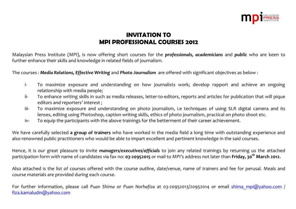 Invitation to Mpi Professional Courses 2012