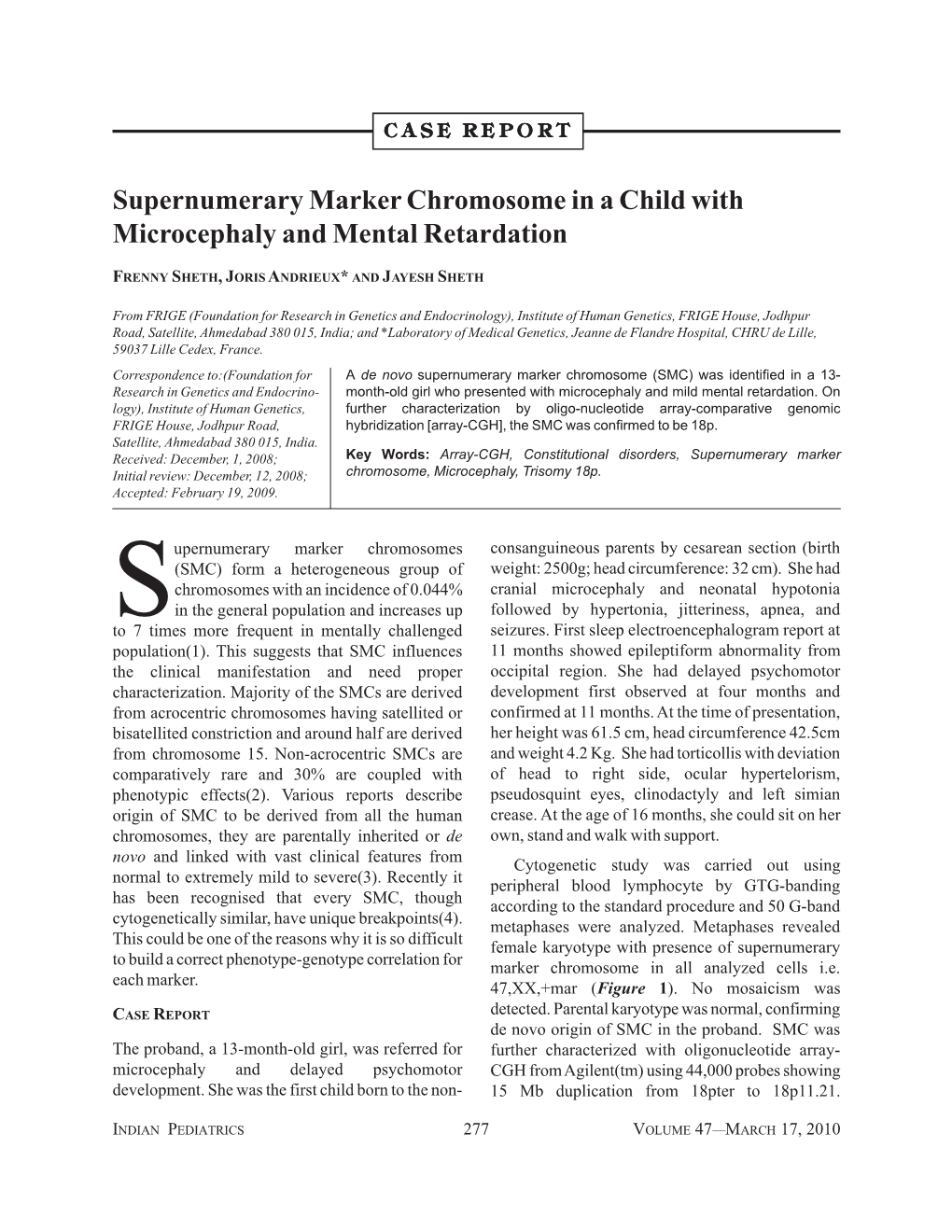 Supernumerary Marker Chromosome in a Child with Microcephaly and Mental Retardation
