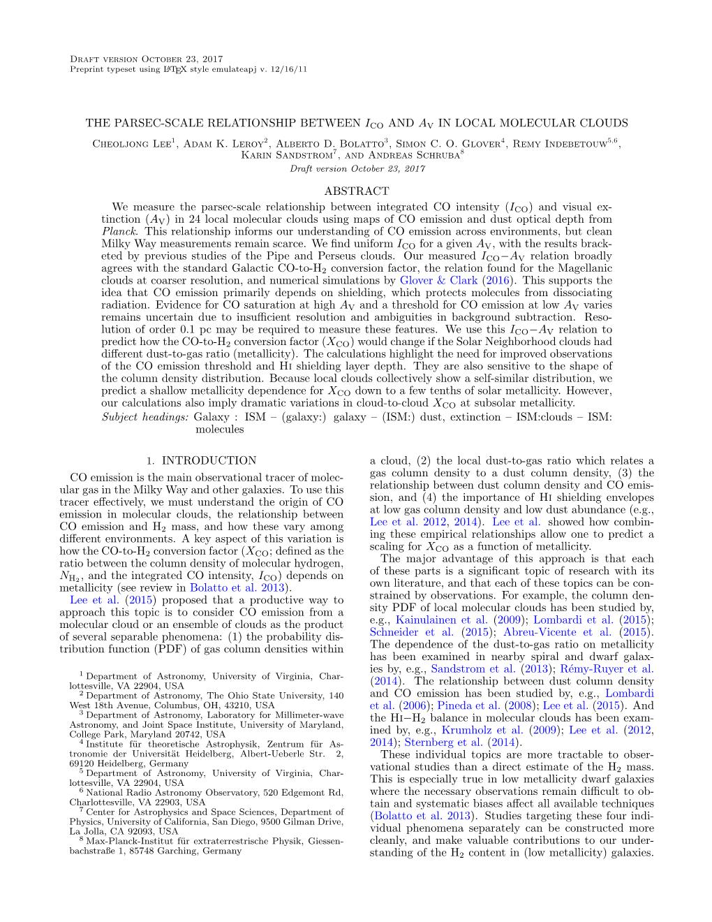 THE PARSEC-SCALE RELATIONSHIP BETWEEN ICO and AV in LOCAL MOLECULAR CLOUDS Cheoljong Lee1, Adam K