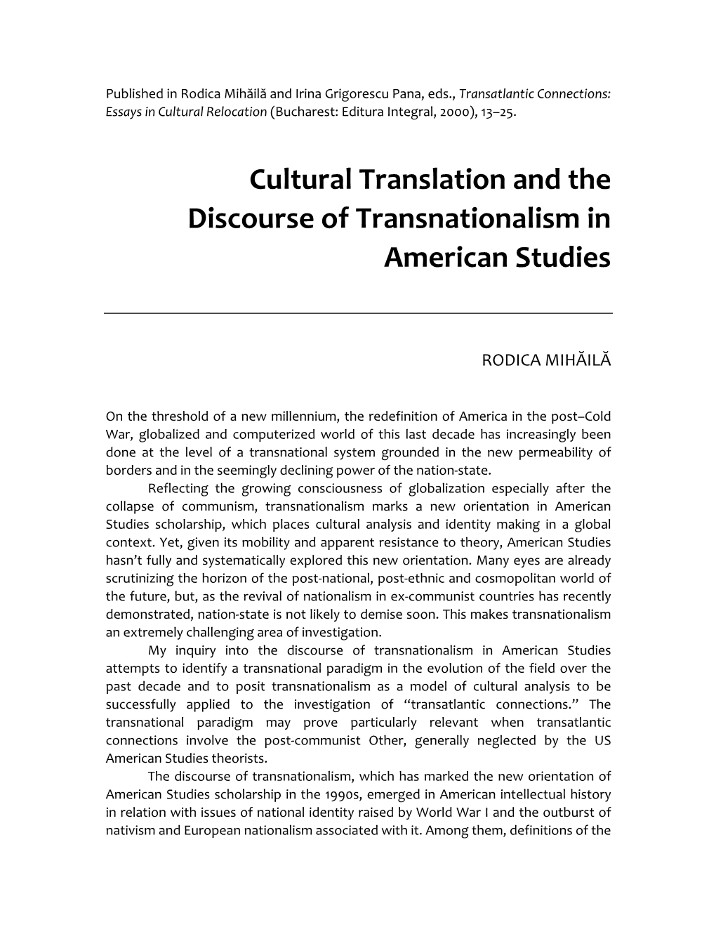 Cultural Translation and the Discourse of Transnationalism in American Studies