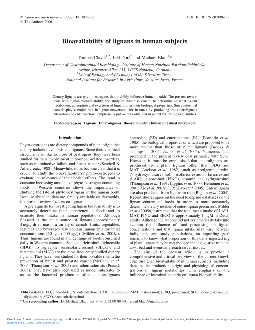 Bioavailability of Lignans in Human Subjects