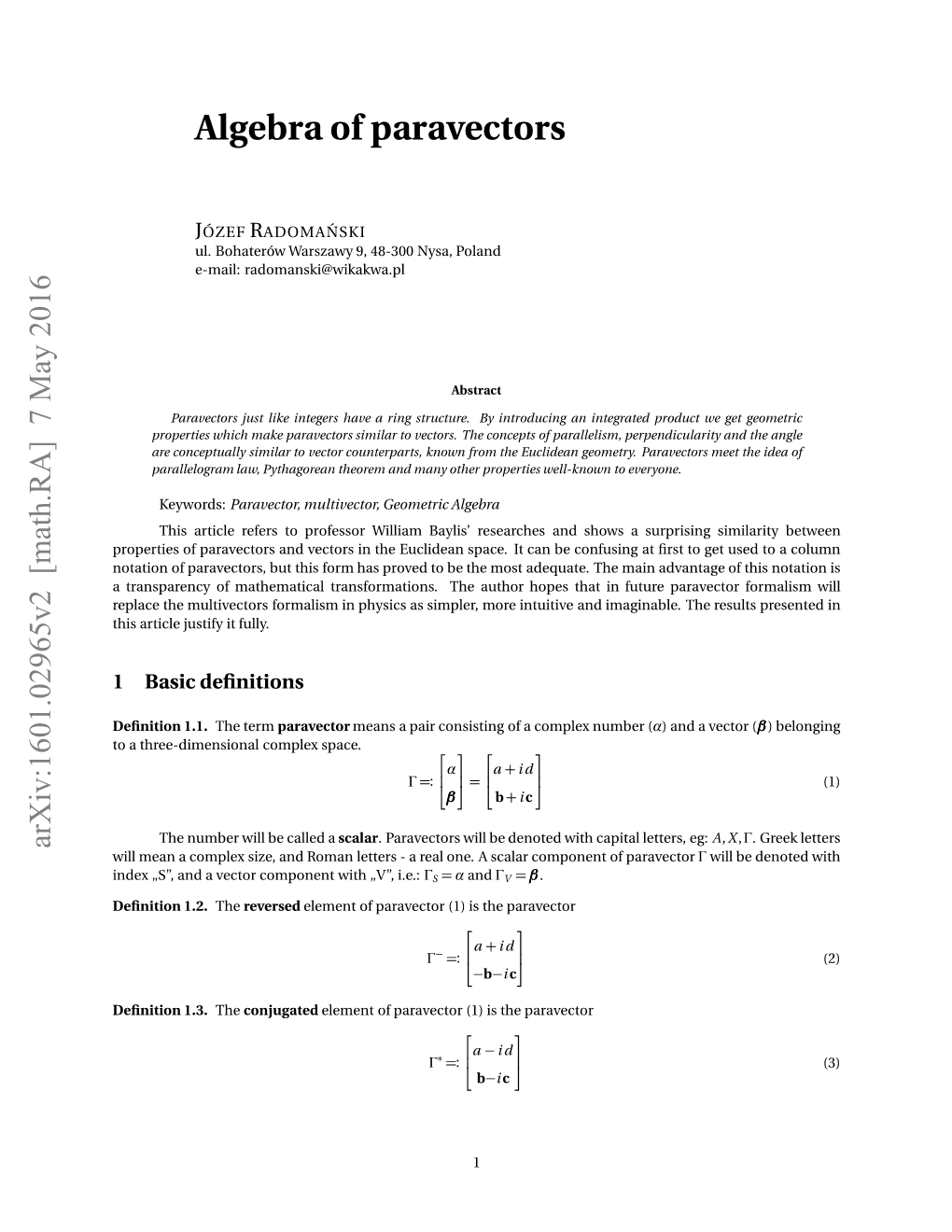 Algebra of Paravectors, Which Contributes to Its Intuitive Understanding