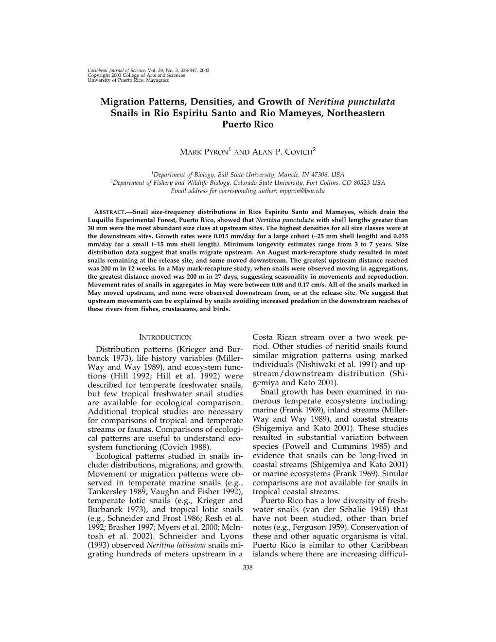 Migration Patterns, Densities, and Growth of Neritina Punctulata Snails in Rio Espiritu Santo and Rio Mameyes, Northeastern Puerto Rico