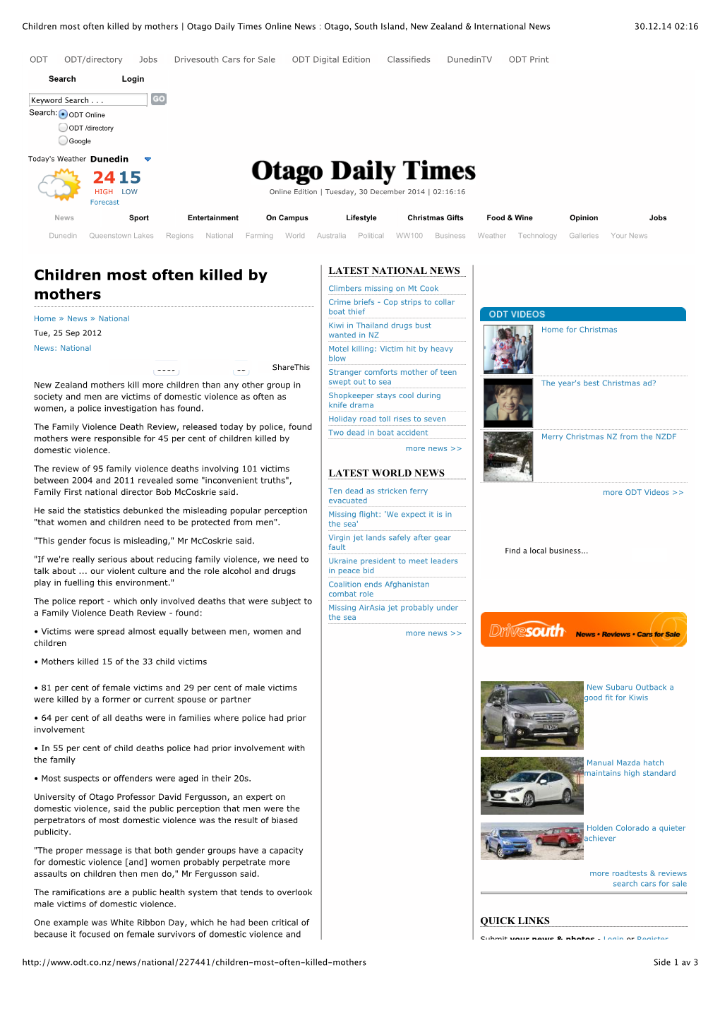 Children Most Often Killed by Mothers | Otago Daily Times Online News : Otago, South Island, New Zealand & International News 30.12.14 02:16