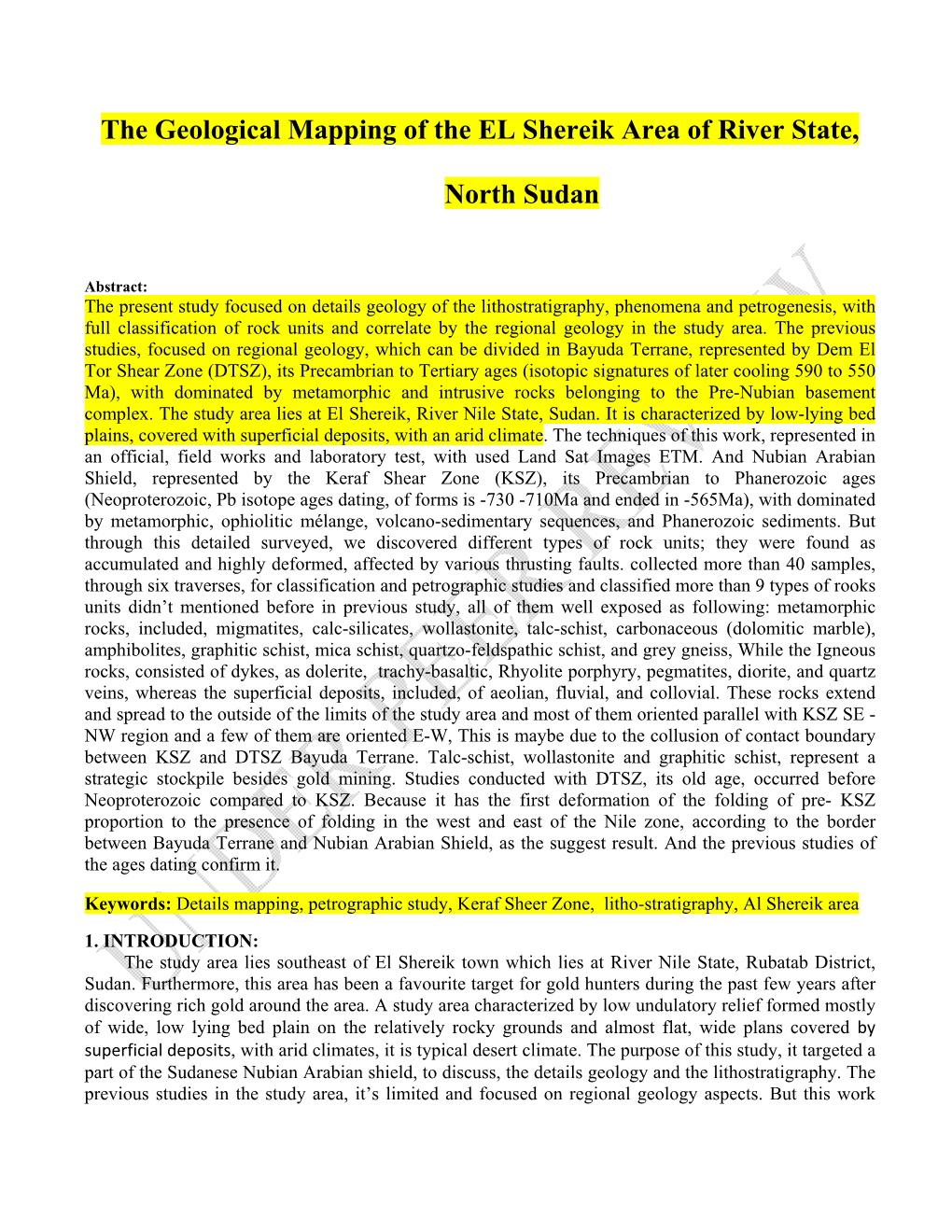 The Geological Mapping of the EL Shereik Area of River State, North