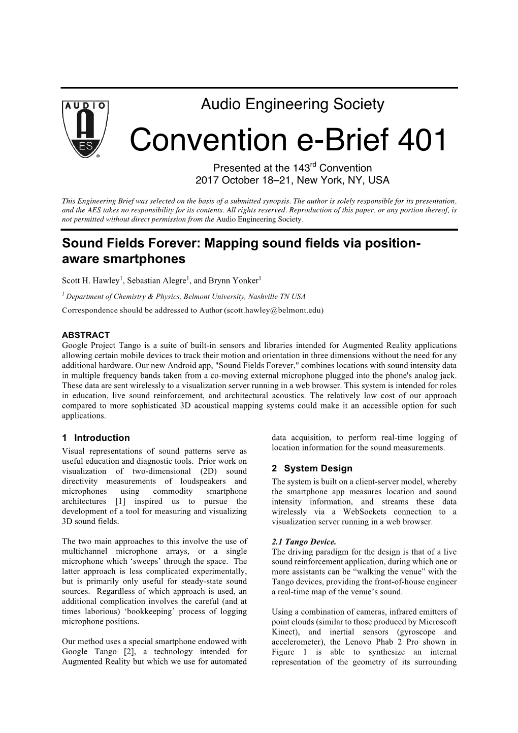 Convention E-Brief 401 Presented at the 143Rd Convention 2017 October 18–21, New York, NY, USA