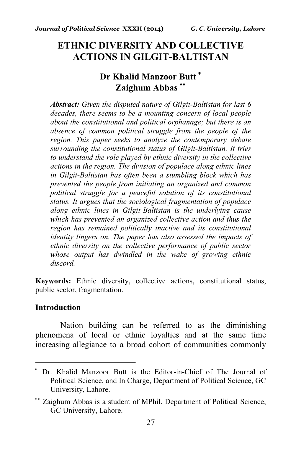 Ethnic Diversity and Collective Actions in Gilgit-Baltistan