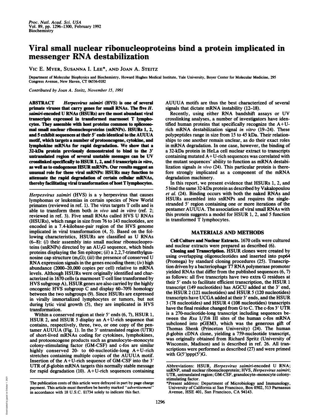 Viral Small Nuclear Ribonucleoproteins Bind a Protein Implicated in Messenger RNA Destabilization Vic E