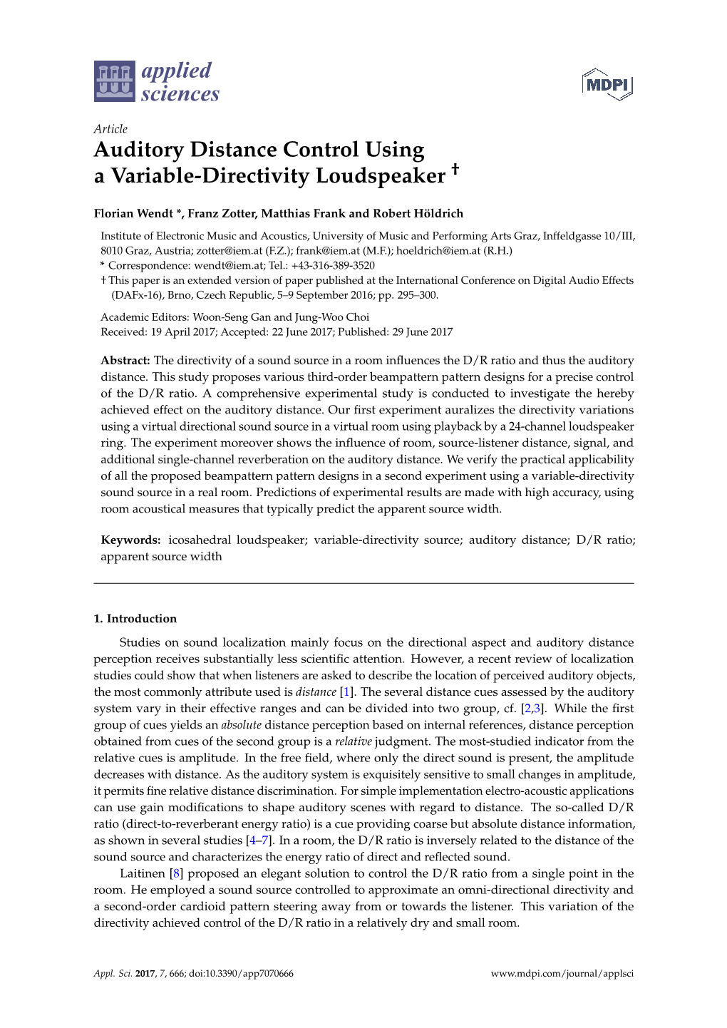 Auditory Distance Control Using a Variable-Directivity Loudspeaker †