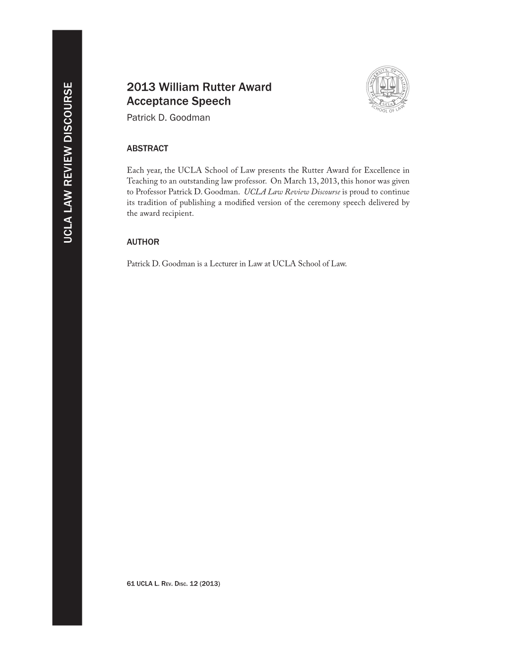 2013 William Rutter Award Acceptance Speech Patrick D